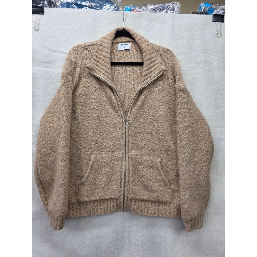 Old Navy Womens Tan Boucle Full Zip Mock Neck Sweater Large Tall Tan Knit Pocket